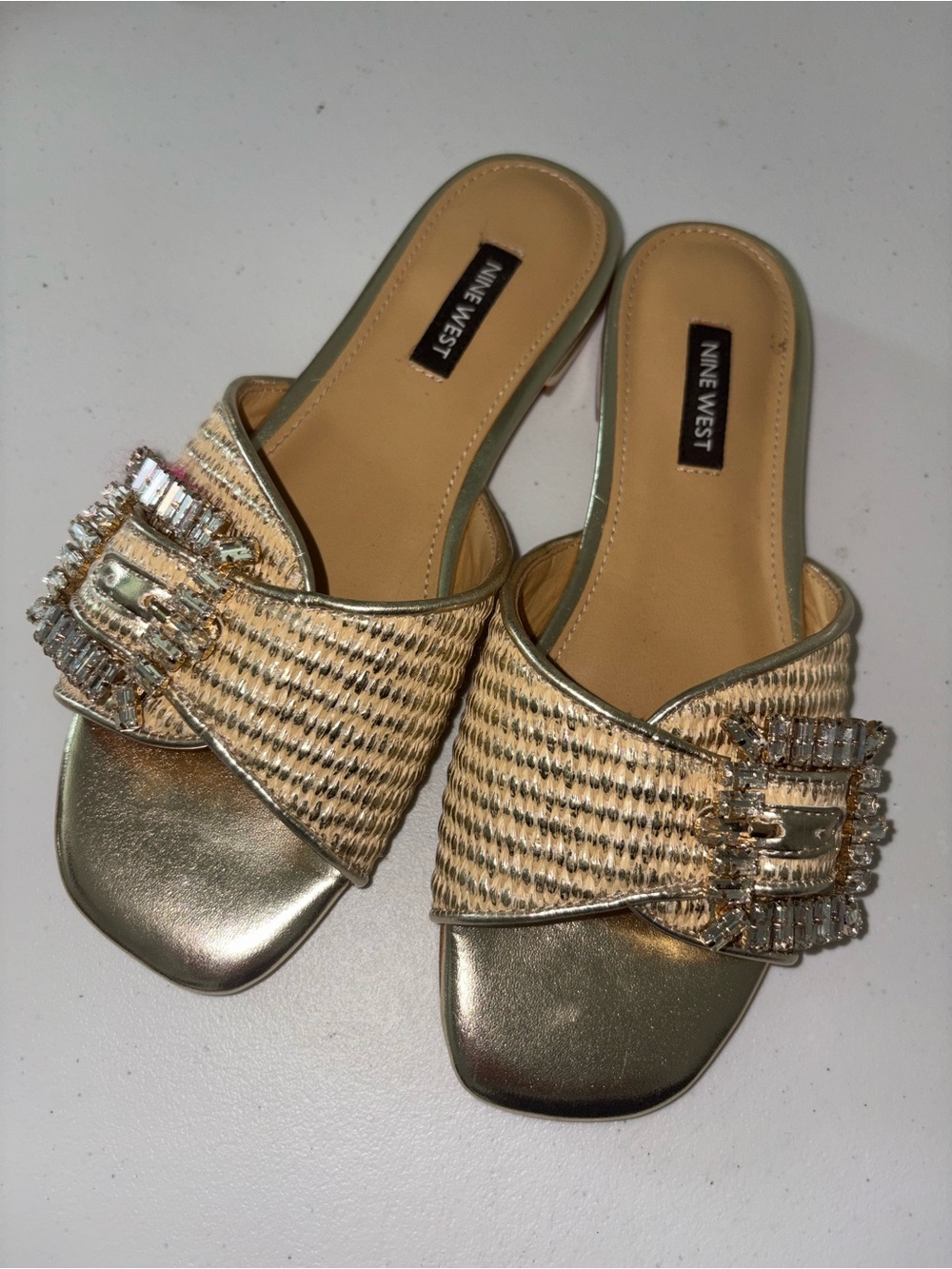 Nine West Gold Woven Slide Sandals with Crystal Buckle Accent